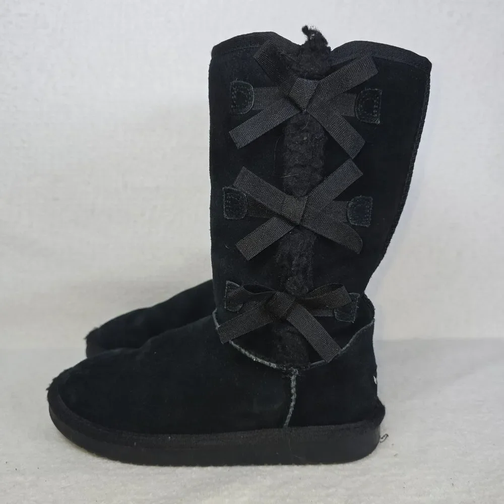Koolaburra By Ugg Victoria Girls Size 3 Black Suede Fur Lined With Bows #1090330